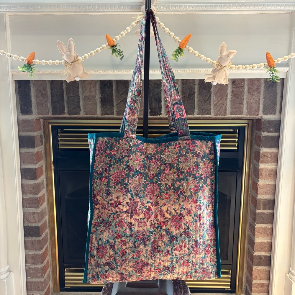 Karma Highway “Tagai” Kantha Bohemian Pink Teal Floral Tote Bag NWT